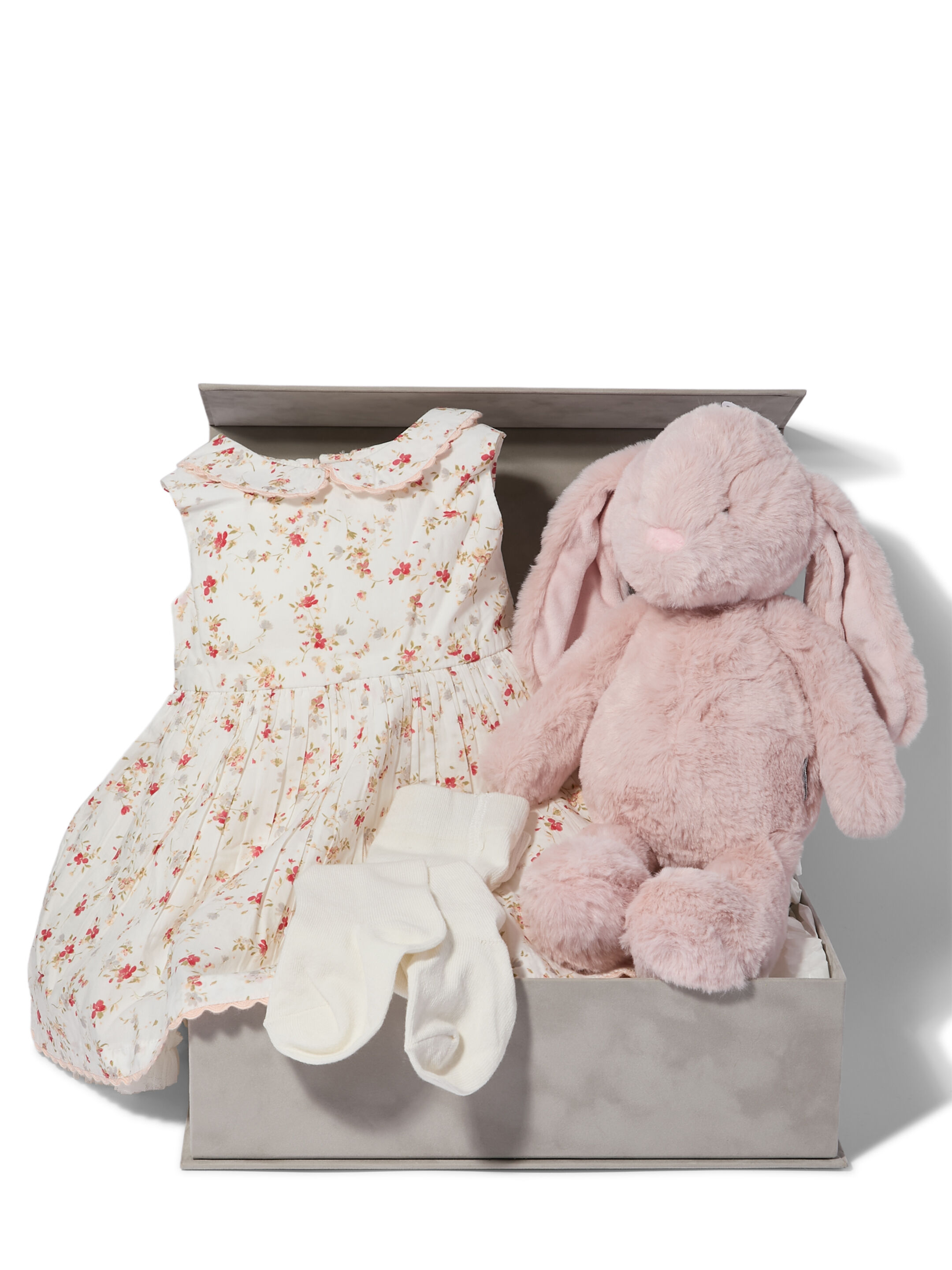 Floral Poplin Dress - 4 Piece Gift Set with Soft Toy Pink Bunny image number 1